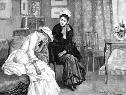 Sophy, huddled upon the sofa,...her...hands hiding her pretty face, answered only by her sobs, 1883. Creator: R. Taylor.