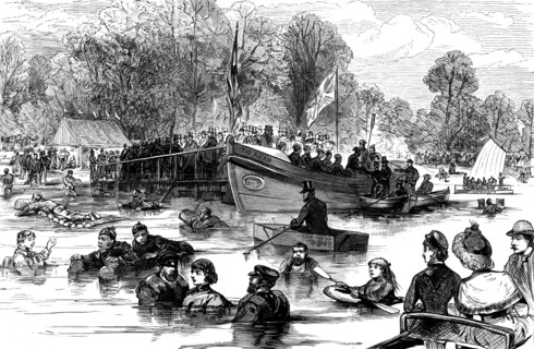 Trial of life-saving apparatus on the Serpentine, Hyde Park, 1883. Creator: Unknown.
