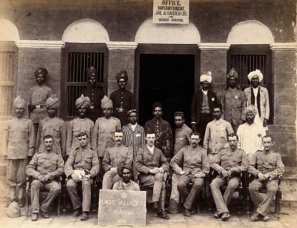 Staff who work in the jail or gardens for the Karachi Plague Committee, India, 1897. Creator: Unknown.