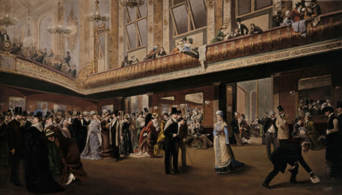 A large gathering inside a galleried ballroom, 1878. Creator: Unknown.