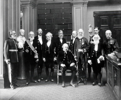 Fellows of the Royal Society: Sir John Evans, bust of Sir Isaac Newton, Lord Kelvin, RB Clifton... Creator: Mayall.