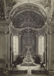 Parish Church of the Corpus Christi - presbytery with main altar retable, Nyasvizh, around 1930. Creator: Boleslaw Tauroginski.