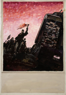 Man with lighted torch at head of a column of civilians, some carrying..., between 1939 and 1946. Creators: Unknown, Central Office of Information.