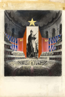 Concert hall [Albert Hall?] and orchestra against picture of Russian infantryman, (c1943?). Creators: Central Office of Information, Unknown.