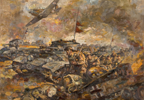 British soldiers and tanks advancing, between 1939 and 1946. Creators: Central Office of Information, Unknown.