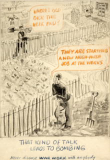 'That kind of talk leads to bombing. Never discuss war...', WWII poster, between 1939 and 1946. Creators: Central Office of Information, Unknown.