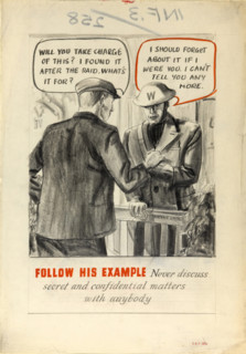 'Follow his example. Never discuss secret and confidential..., WWII poster, between 1939 and 1946. Creators: Central Office of Information, Unknown.