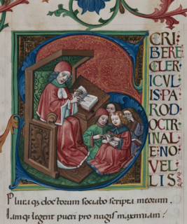 Initial: Learning children. From "Doctrinale puerorum" by Alexander de Villa Dei, c1467-1469. Creator: Anonymous.