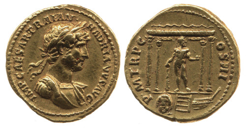 Aureus of Hadrian. Obverse: Laurel head of Hadrian on the right. Reverse: Statue of Hercules, 119... Creator: Numismatic, Ancient Coins  .