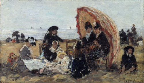 Sur la plage de Trouville à l'abri du parasol, 1885. Creator: Boudin, Eugène-Louis (1824-1898).