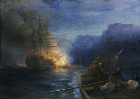 The Burning of the Ottoman flagship off Chios by Konstantinos Kanaris , 1881. Creator: Aivazovsky, Ivan Konstantinovich (1817-1900).