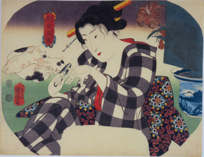 Beauty cutting her nails. From the Series "The Universe of Women" (Shinramanzo), c1842-1845. Creator: Kuniyoshi, Utagawa (1797-1861).