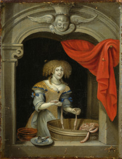 A woman making sausage. Creator: Schalcken, Godfried, (Follower)  .