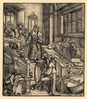 Der Weisskunig: The young Maximilian in a room filled with a wide range of musicals..., 1514-16. Creator: Burgkmair, Hans, the Elder (1473-1531).