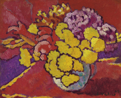Yellow flowers, red drapery (Fleurs jaunes, draperie rouge) , 1944. Creator: Valtat, Louis (1869-1952).