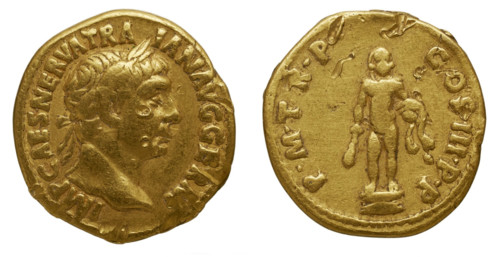 Aureus of Trajan. Obverse: Laurel head of Trajan on the right. Reverse: Statue of Hercules naked. Creator: Numismatic, Ancient Coins  .