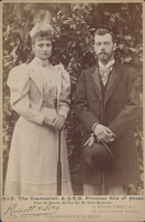 Princess Alix of Hesse and the Tsarevich Nicholas at Coburg on the day of their betrothal, 1894. Creator: Photo studio J. Russell & Sons, London  .