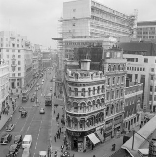 Elevated view along Queen Victoria Street, London, probably 1960s. Creator: John Gay.