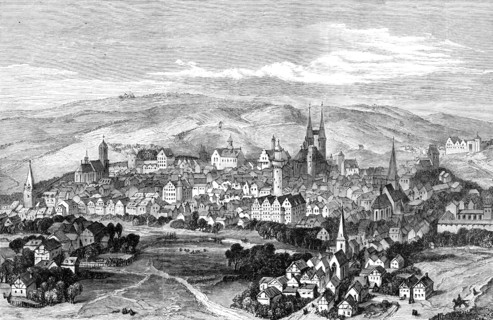 The Luther Celebration in Germany: Luther's birthplace, Eisleben, as it was in 1650, (1883). Creator: Unknown.