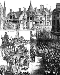Lord Mayor's Day: procession waiting outside the new Law Courts - Indian and Colonial Trophies, 1883 Creator: Unknown.