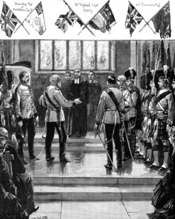 Placing the old Scottish Regimental Colours in St. Giles' Cathedral, Edinburgh, 1883. Creator: Unknown.