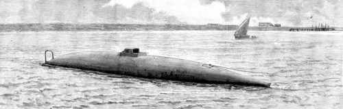 The new Spanish submarine torpedo-vessel, El Peral, at Cadiz: the Peral after she was launched, 1890 Creator: Unknown.