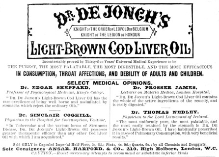Advertisement for Dr. De Jongh’s Light-Brown Cod Liver Oil, 1890. Creator: Unknown.