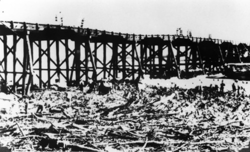 Workers below Victoria Bridge, cleaning up debris after the flood, Brisbane, 1893. Creator: Unknown.