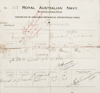 Certificate of discharge for Bernard Laurence 'Barney' Nugent from the Naval Expeditionary Force. Creator: Murphy.