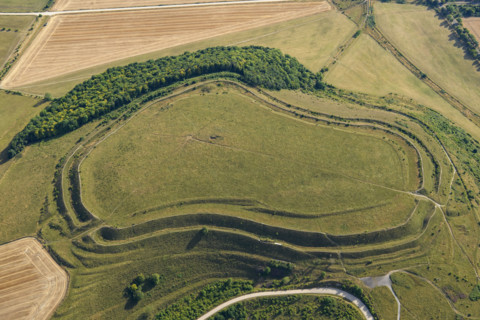 Battlesbury Hill, a multivallate Iron Age hillfort earthwork, Warminster, Wiltshire, 2022. Creator: Damian Grady.
