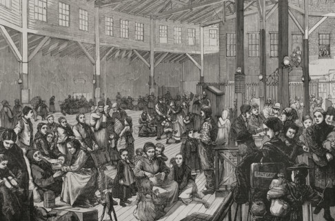 Mormon emigrants at Castle Garden, New York, USA, 1878. Creator: Andrés Ovejero.