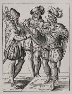 German musicians playing on the flute and goat's horn, 16th century (1877). Creator: Jost Ammon.