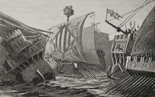 Naval combat between Catalans and Genoese, Middle Ages, 1890.  Creator: Joan Serra y Pausas.