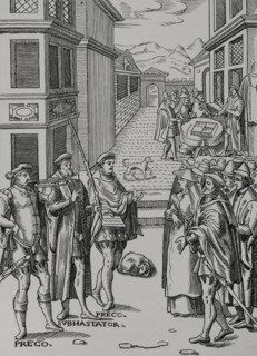 The town crier blowing his trumpet and the auctioneer, the public official in..., 1557, (1878).  Creator: Unknown.