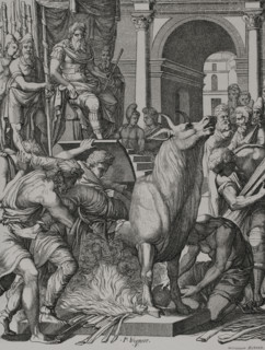 Brazen bull or bull of Falaris, 6th century BC, (16th century). Creator: Pierre Woeiriot.