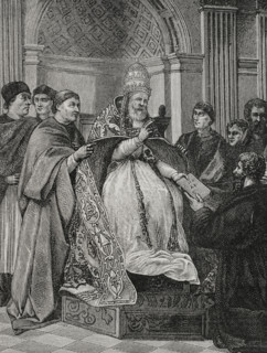 Pope Gregory IX, (1170-1241) receiving the Decretals compiled by Saint Raymond of Peñafort, 1877.  Creator: Jules Jean Marie Joseph Huyot.