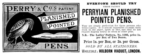 Advertisement for Perryian Planished Pointed Pens, 1890. Creator: Unknown.