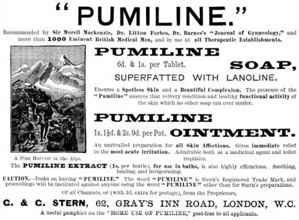 Advertisement for "Pumiline" Soap and Ointment, 1890. Creator: Unknown.