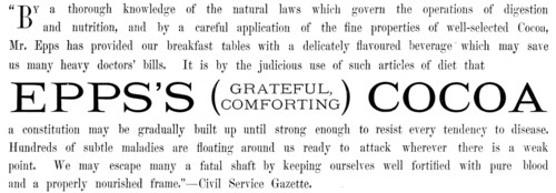 Advertisement for Epps’s (Grateful, Comforting) Cocoa, 1890. Creator: Unknown.