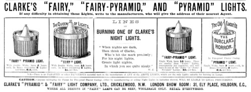 Advertisement for Clarke’s "Pyramid" & "Fairy" Light Company, 1890. Creator: Unknown.
