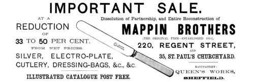 Advertisement for Mappin Brothers Important Sale, 1890. Creator: Unknown.