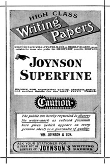 Advertisement for Joynson Superfine High Class Writing Papers, 1890. Creator: Unknown.