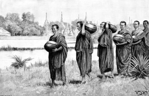 Sketches in Burmah: Buddhist monastery - Phoongyees...with alms begged for their morning meal, 1890. Creator: P Naumann.