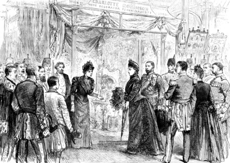 The Duchess of Edinburgh visiting a stall in the Edinburgh International Exhibition, 1890. Creator: Unknown.