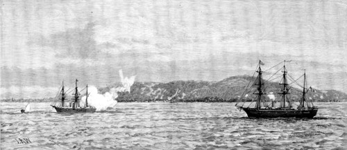 The Germans in East Africa - the Corvette Carola shelling Kilwa Kivinje, May 1., 1890. Creator: Josiah Robert Wells.