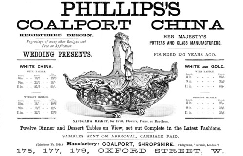 Advertisement for Phillips’s Coalport China, 1890. Creator: Unknown.