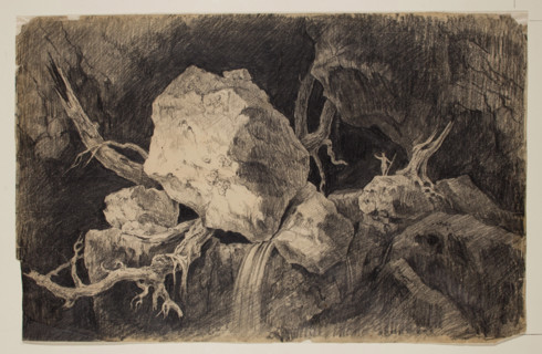 Hunter Standing in Cave near Rock and Waterfall, c1828. Creator: Thomas Cole.