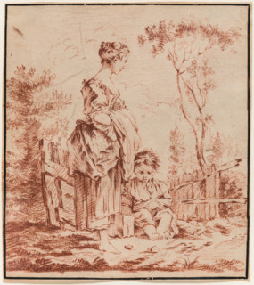 Young Woman Standing with a Seated Child, 18th century. Creator: Unknown French; After François Boucher French, 1703-1770.