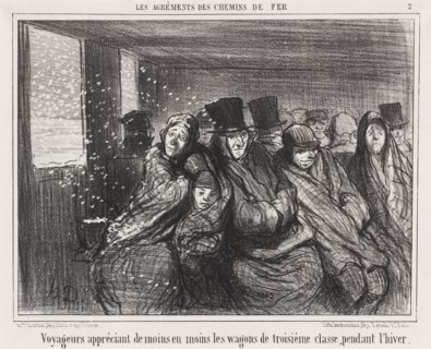 Voyageurs appréciant de moins en moins les wagons de troisième classe pendant l'hiver, 1856. Creator: Honore Daumier.