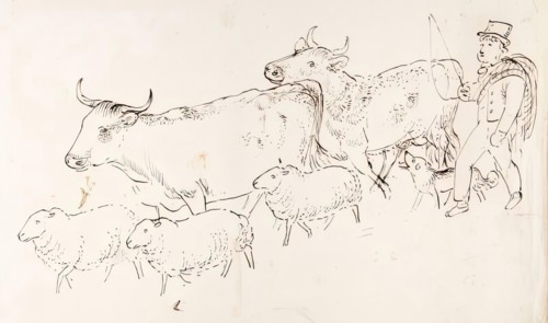 A Shepherd and His Dog Guarding a Flock of Sheep and Cows, 1825-1839. Creator: James Howe.